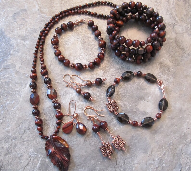 Red Tigers Eye Bracelet with Smoky Quartz In Copper with Handcrafted Copper Bali Bead image 5