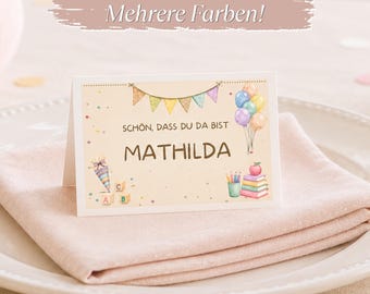 Personalisierte Tischkarte Einschulung mit Name | Beige, Rosa & Türkis | Tischdeko Schulanfang | Namenskarte Einschulungsfeier | Gästekarte