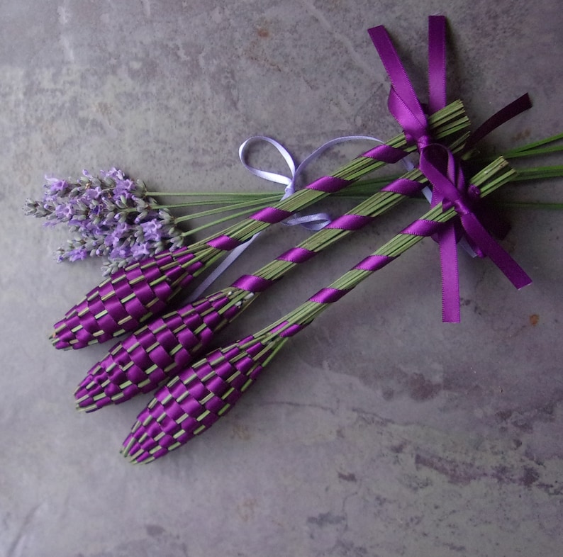 Lavender Filled Wands 3 Fragrant Dried Flowers Plum Satin Ribbon Small Batons Appreciation Gift Hospitality