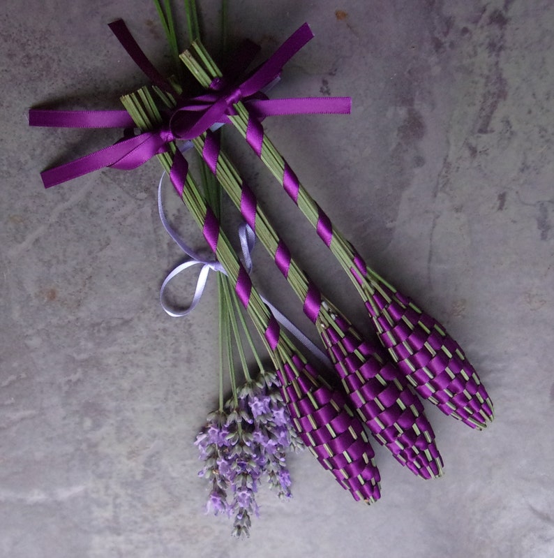 Lavender Filled Wands 3 Fragrant Dried Flowers Plum Satin Ribbon Small Batons Appreciation Gift Hospitality
