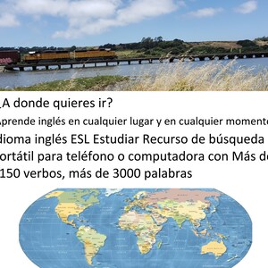 Könnte beinhalten: Eine Weltkarte mit Ländern, die in Braun und Blau umrandet sind. Der Text auf dem Bild lautet: "¿A donde quieres ir? ¡Aprende inglés en cualquier lugar y en cualquier momento! Idioma inglés ESL Estudiar Recurso de búsqueda portátil para teléfono o computadora con Más de 1150 verbos, más de 3000 palabras"