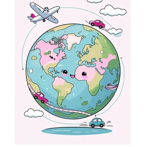 Op de afbeelding: Een kleurboekcover met de tekst "colouring book" en "Get to know the world!". De illustratie toont een lachende aarde met auto's, een vliegtuig en een boot die eromheen reizen. De achtergrond is lichtroze.