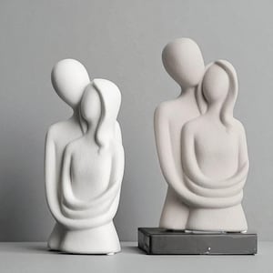 Nordic Abstract Couple Sculpture, Hugging Lovers Ceramic Figurine, Frosted White Grey Statues, Minimalist Wedding Gift