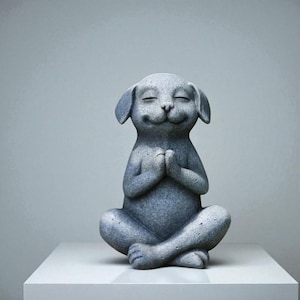 Zen Meditating Dog Statue, Resin Yoga Dog Figurine, Buddha-Inspired Garden Decor, Rustic Animal Ornament for Home or Patio.