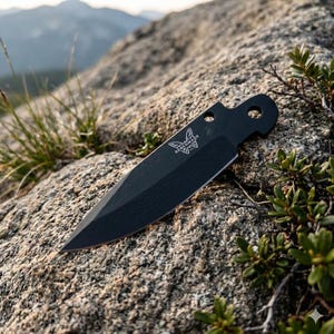 May include: A black fixed-blade knife with a pointed tip and a textured Damascus steel pattern on the blade. The blade features the Benchmade butterfly logo and two circular holes near the handle area, showcasing a sleek, dark metal finish.