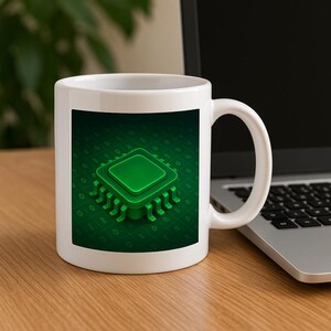 Peut inclure: Tasse en céramique blanche avec un motif de puce informatique verte sur un fond vert de code binaire. La tasse est posée sur une surface en bois, à côté d'un ordinateur portable, suggérant un thème technologique ou informatique.