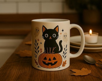 Taza de Halloween con diseño de gato: gatito negro espeluznante, calabaza y fantasmas