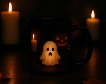 Taza de fantasma de Halloween – Taza de café de cerámica negra, regalo espeluznante de otoño