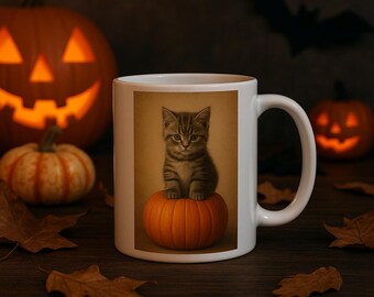 Taza de gato de Halloween: Gatito sobre calabaza, acogedora taza de café otoñal