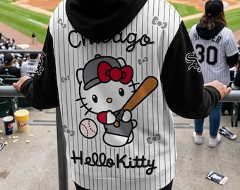 Sudadera con capucha de béisbol de Hello Kitty, sudadera estilo White Sox con rayas, ropa kawaii para fanáticos de los deportes de Chicago, suéter con gráfico Y2K, camiseta de anime