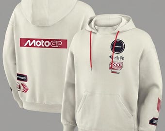 Felpa con cappuccio grafica MotoGP, felpa da corsa in moto color crema, pullover streetwear da motociclista, regalo per appassionati di sport motoristici, abbigliamento da corsa unisex