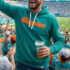 Puede incluir: Sudadera con capucha de color turquesa con la palabra "Dolphins" en letras naranjas en el pecho. La sudadera tiene un cordón blanco y un parche con el logotipo del equipo en la manga. Se sostiene en la mano un vaso de plástico transparente con el logotipo del equipo.