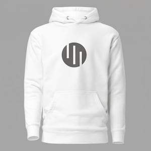 May include: White hooded sweatshirt with a front pocket and a drawstring hood. The sweatshirt features a gray circular logo with three vertical lines. The design is centered on the chest.