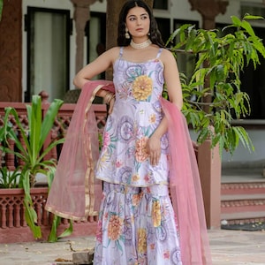 Ethnichevan Elegant Chinon Kurti, Palazzo & Dupatta Set with Hand Aari with Mirror Work   Mirror Work Kurti Sharara, Eid Party Wear