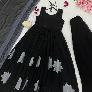 Black Anarkali Dress partywear Anarkali 3pc set Wedding festival Wear Gown Indian Long Gown Floral Anarkali Gown Readymade Flared Gown
