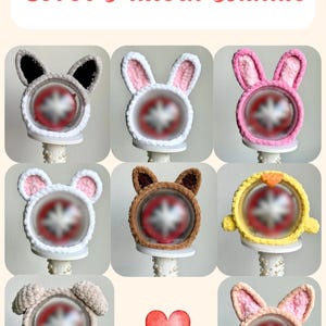 May include: A collection of lightstick covers in various colors and designs, including bunny ears and bear ears. The covers are crocheted and feature a clear, round center. The text "Lightstick Crochet Cover Pattern Bundle" is at the top.