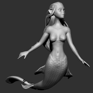 Peut inclure: Rendu 3D en niveaux de gris d'une sirène avec de longs cheveux fluides, des oreilles pointues et une queue écailleuse. La sirène est posée avec les bras tendus et la queue se courbe gracieusement. Le design général est détaillé et artistique.
