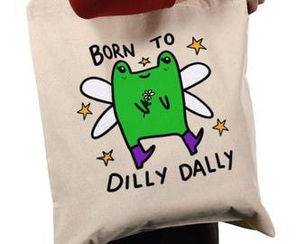 Cotton canvas frog tote shopper. Born to Dilly Dally fairy frog toad