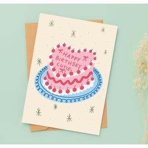 Mignonne joyeux anniversaire, carte de gâteau, coquette, rococo, carte de voeux cerise