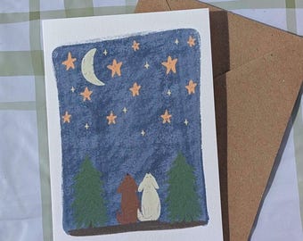Any occasion greeting card. Notecards. Two dogs staring at the sky illustration. Thinking of you