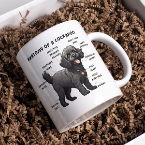 May include: White ceramic mug with a black and white illustration of a Cockapoo dog. The mug features a humorous anatomical diagram of a Cockapoo, with labels like "Happiness Meter", "Selective Hearing Devices", "Guilt Trip Eyes", and "Diggers".