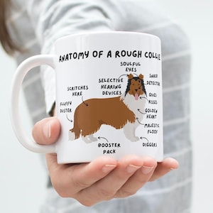 May include: White ceramic mug with a black and brown illustration of a Rough Collie dog. The mug has the text "Anatomy of a Rough Collie" and lists various dog features, such as "Soulful Eyes", "Selective Hearing Devices", "Fluffy Duster", "Booster Pack", and "Diggers".