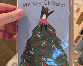 Meowy Christmas illustrated cat lover greeting card.
