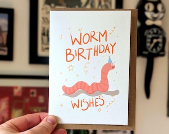 Worm Birthday Card: Illustrated Insect Greeting on Recycled Paper