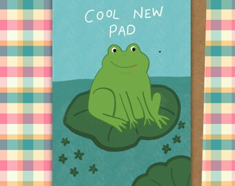 Illustrated Frog New Home Card: Happy Frog on Lilypad (A6)