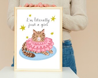 Just a girl cat print. Wall art illustration