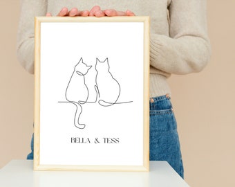 Personalized Cat Line Art Print: Custom Cat Names (Digital Download)