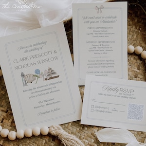 Coastal Wedding Invitation Template: Hydrangea, Nautical Design (Canva Editable, Digital Download)
