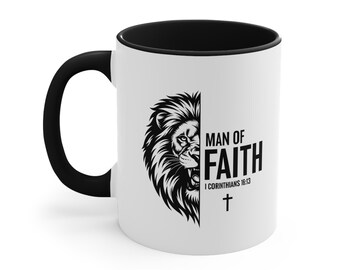 Man of Faith Lion Cross Mug, Inspirational Christian Drinkware, 1 Corinthians 16:13