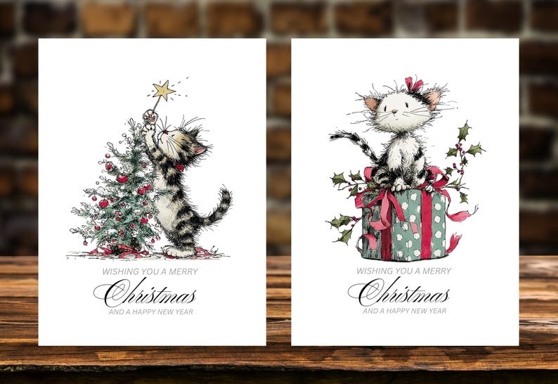 Whimsical Cat Handmade Christmas Cards With Envelopes, 10 Cards per ...
