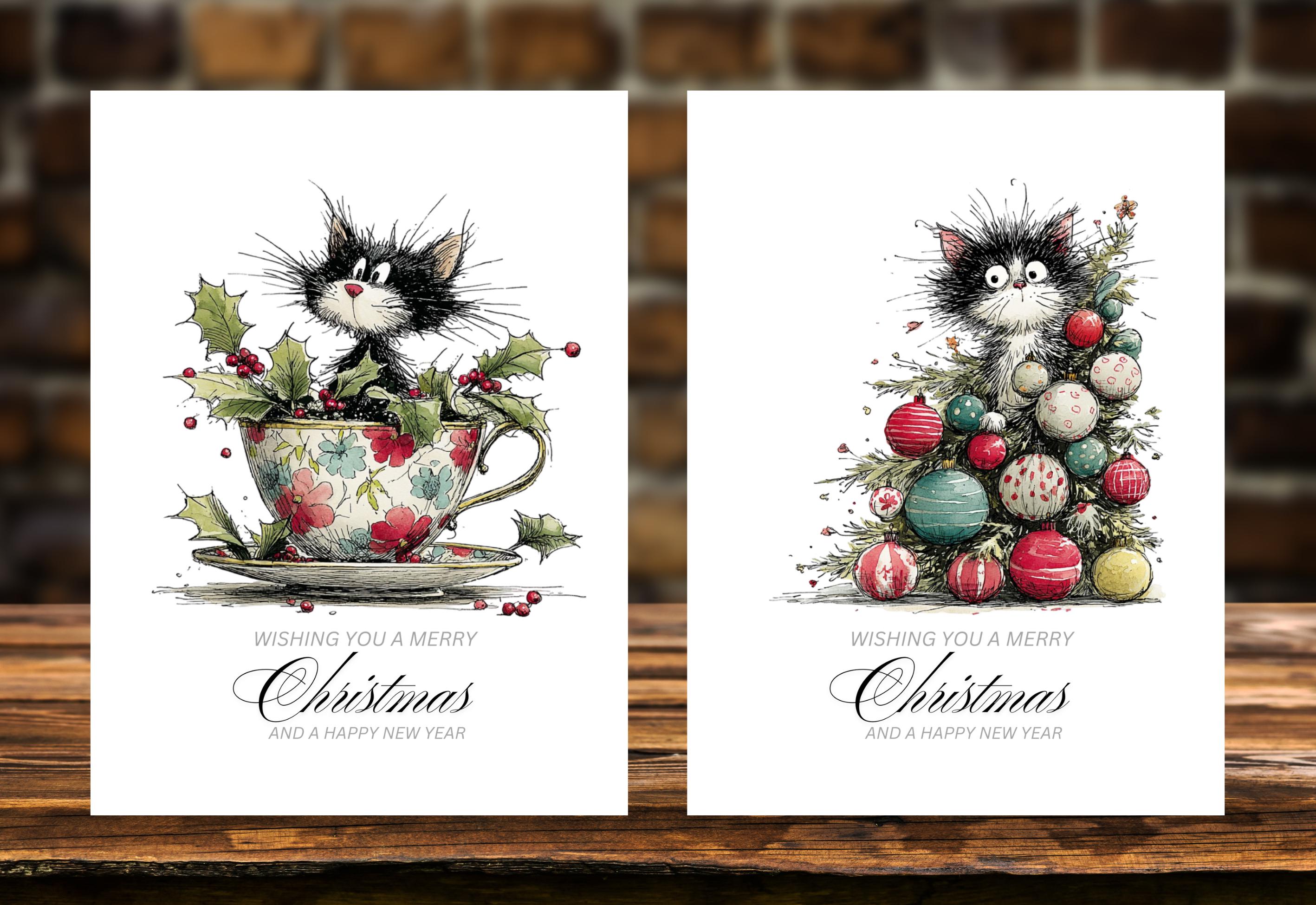 Whimsical Cat Handmade Christmas Cards With Envelopes, 10 Cards per ...