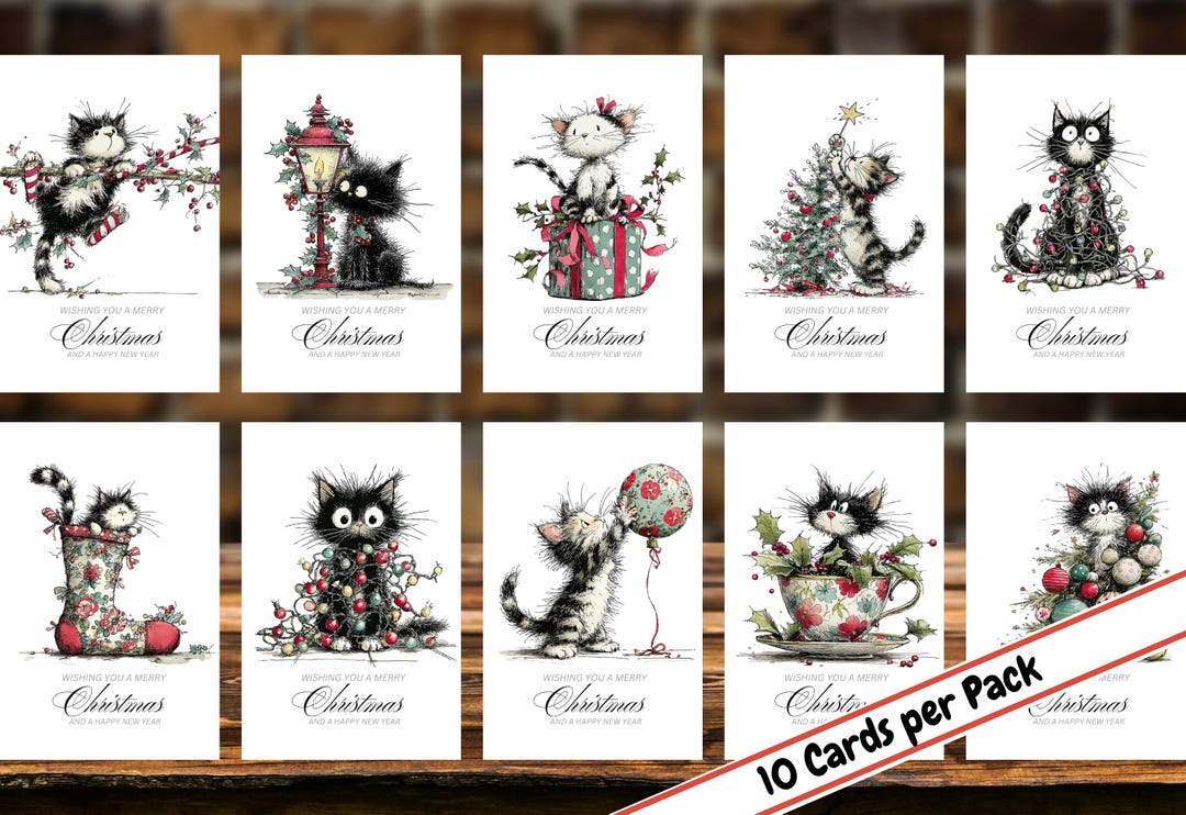 Whimsical Cat Handmade Christmas Cards With Envelopes, 10 Cards per ...