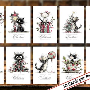 Cartes de Noël faites main de chat fantaisiste avec enveloppes, 10 cartes par paquet