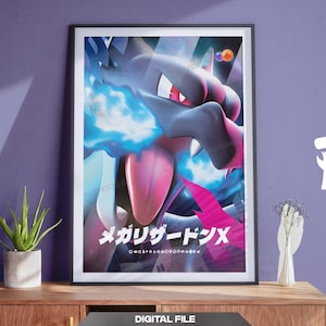 Mega Charizard X-tryckposter | Pokémon-väggkonst | Barnrumsinredning för pojkar | Lekrumsinredning för barn | Pokémon-heminredning | Digital nedladdning