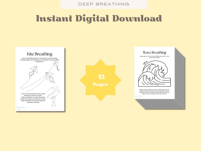 Deep Breathing Coping skills Therapy Coloring Worksheets. Includes Images of bubbles, rainbows, bees, feathers, kites, waves, balloons, etc.