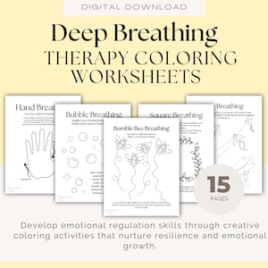 Deep Breathing Coping skills Therapy Coloring Worksheets. Includes Images of bubbles, rainbows, bees, feathers, kites, waves, balloons, etc.