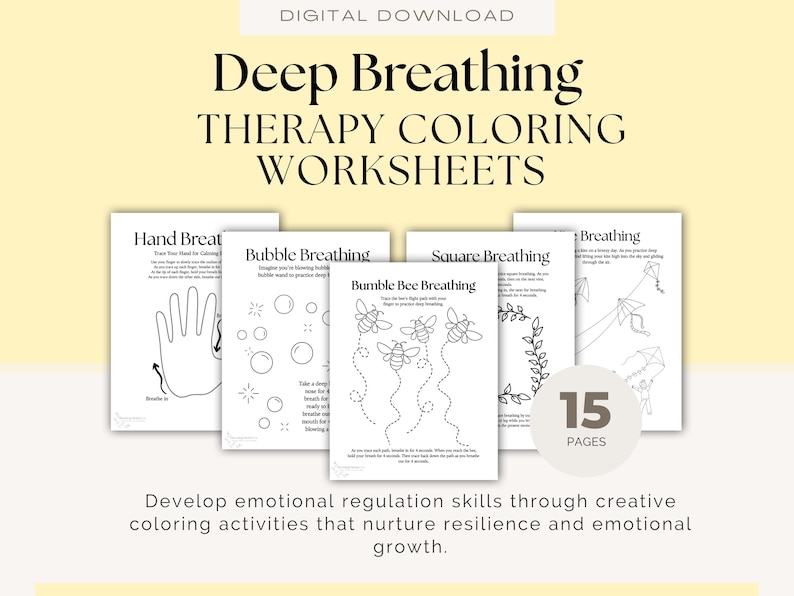 Deep Breathing Coping skills Therapy Coloring Worksheets. Includes Images of bubbles, rainbows, bees, feathers, kites, waves, balloons, etc.