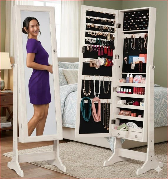 Freestanding Jewelry Armoire With Full Length Mirror | Lockable Organizer -  Etsy Israel