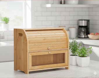 Panera de bambú con tapa enrollable / Armario de cocina de 2 niveles