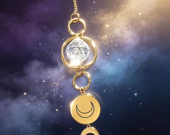 Crescent Moon Crystal Window Prism Suncatcher – Custom Engravable Charm, Spiral Hoop, Altar Decor