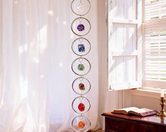 7 Chakra Crystal Hanging, Christmas Gift, Natural Stones with Gold/Silver Tone Rings, Energy Balancing Suncatcher, Boho Holiday Home Decor