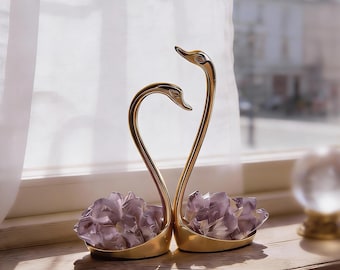 Amethyst Crystal Swan Pair, Metal Base, Spiritual Decor, Twin Flame Energy Guardians