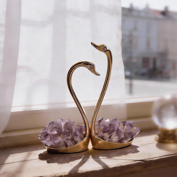 Amethyst Crystal Swan Pair, Metal Base, Spiritual Decor, Twin Flame Energy Guardians