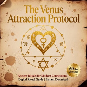 May include: A digital guide titled "The Venus Attraction Protocol" with gold text and illustrations on a parchment-style background. The design includes a heart, symbols, and the text "Ancient Rituals for Modern Connections".