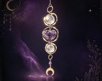 Amethyst Heart Suncatcher with Crescent Moon - Witchy Altar Decor, Window Prism, Wiccan Gift