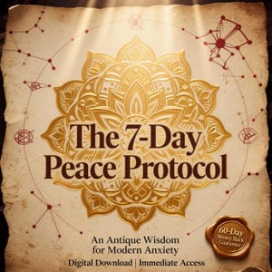May include: An antique-style digital download advertisement with the text "The 7-Day Peace Protocol." The design features a gold mandala and constellation-like graphics on a parchment background. The text "An Antique Wisdom for Modern Anxiety" is also included.